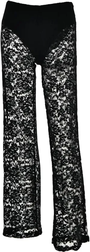 Women Floral Lace Sheer Mesh Pants Sexy Elastic High Waist See Through Flare Bell Trouser Y2K Wide Leg Club Bottoms Black