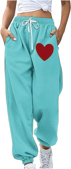 Women Heart Print Sweatpants High Waist Baggy Sweatpants Joggers Sport Active Trousers Workout Pants with Pockets