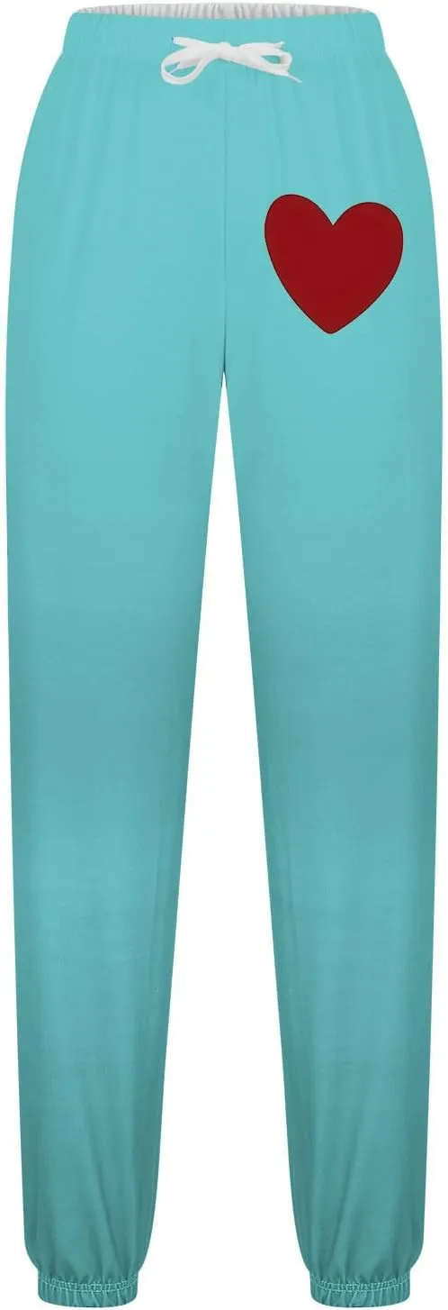 Women Heart Print Sweatpants High Waist Baggy Sweatpants Joggers Sport Active Trousers Workout Pants with Pockets