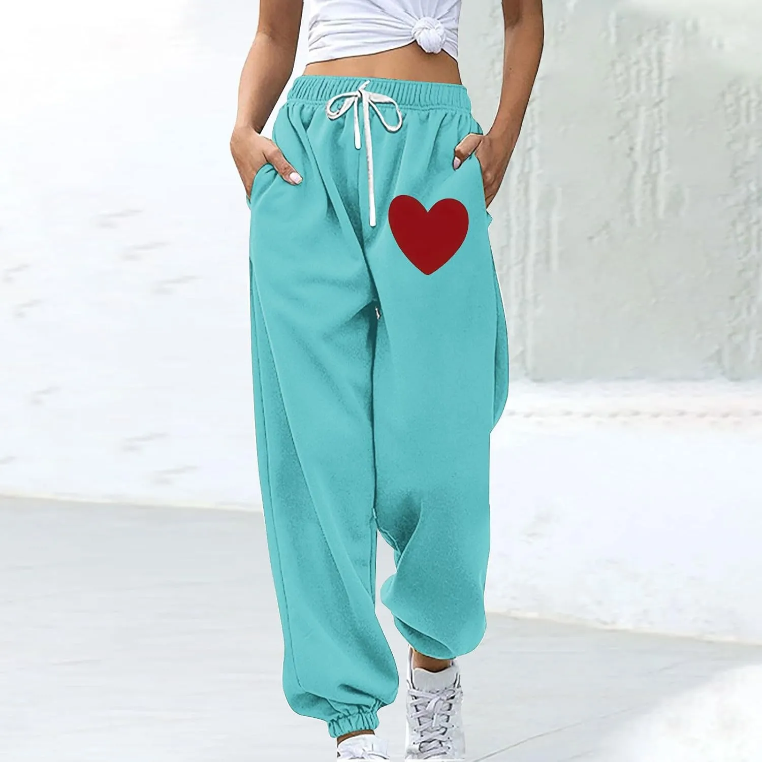 Women Heart Print Sweatpants High Waist Baggy Sweatpants Joggers Sport Active Trousers Workout Pants with Pockets