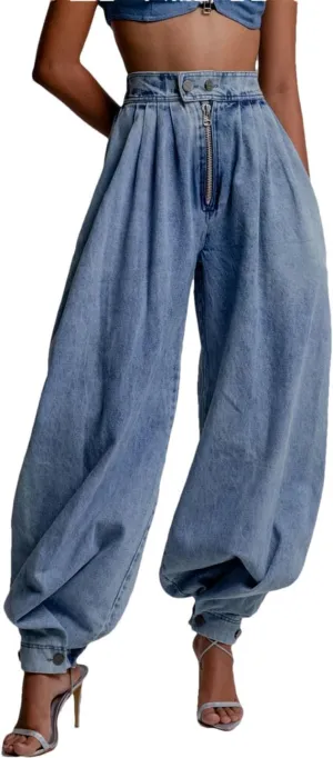 Women High Waist Zipper Denim Loose Harem Trousers Jeans Vintage Balloon Casual Denim Pants