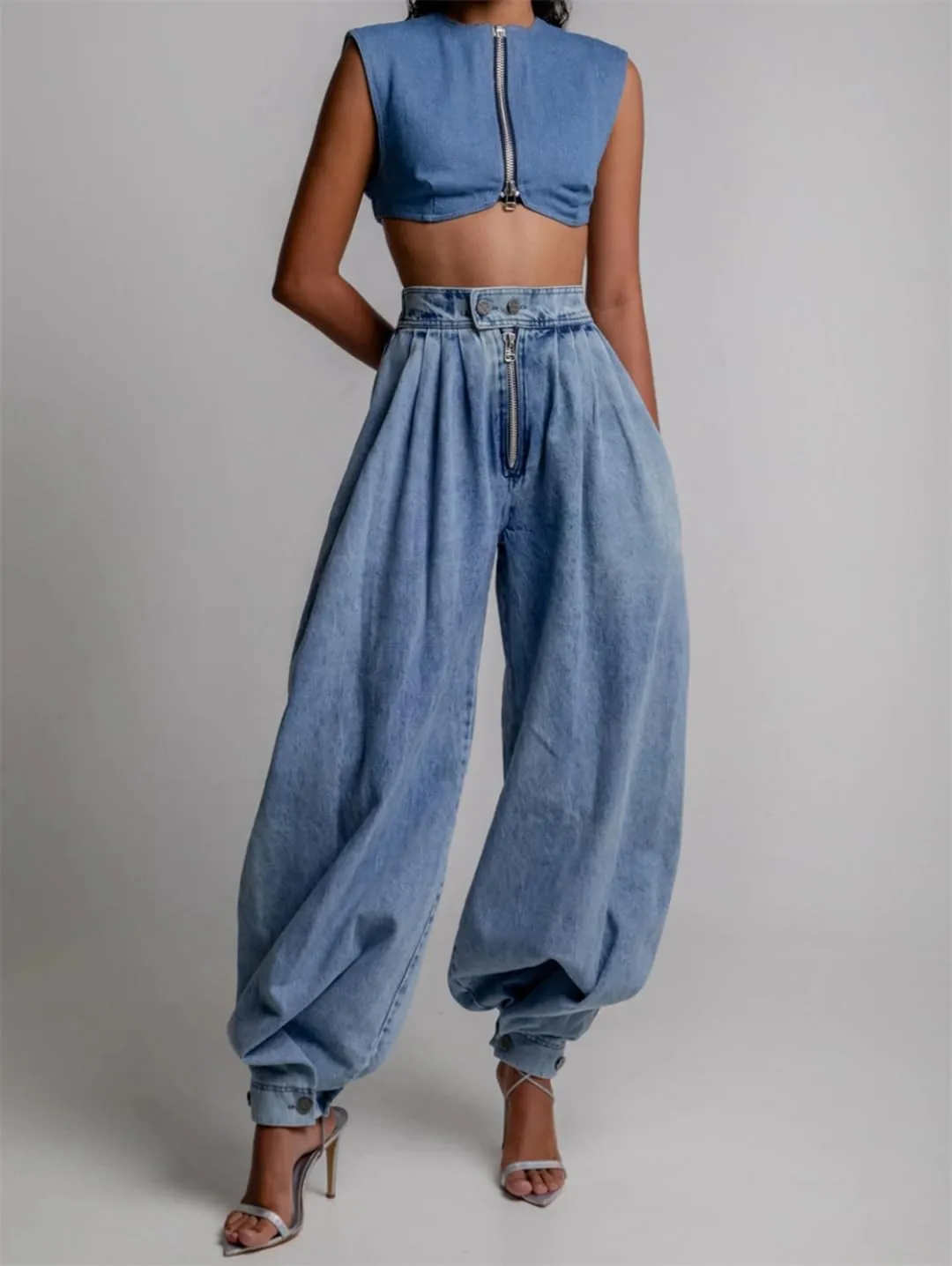 Women High Waist Zipper Denim Loose Harem Trousers Jeans Vintage Balloon Casual Denim Pants