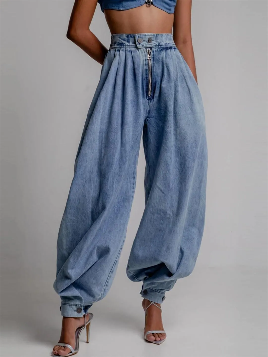 Women High Waist Zipper Denim Loose Harem Trousers Jeans Vintage Balloon Casual Denim Pants