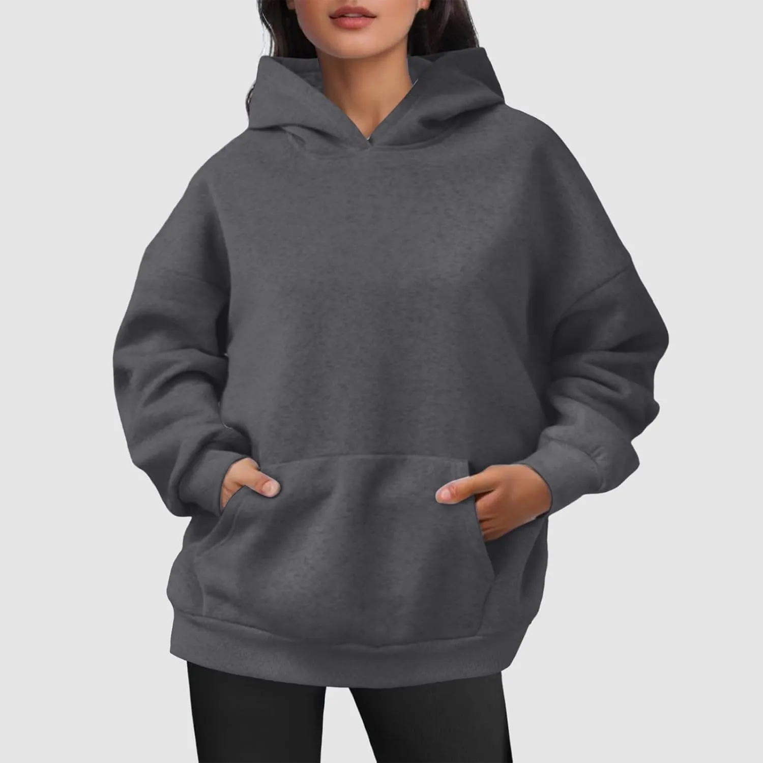 Women Hoodies Sweatshirts Trendy Oversized Hooded Sweater Solid Raglan Sleeve Pockets Pullover Loose Y2K Workout Tops