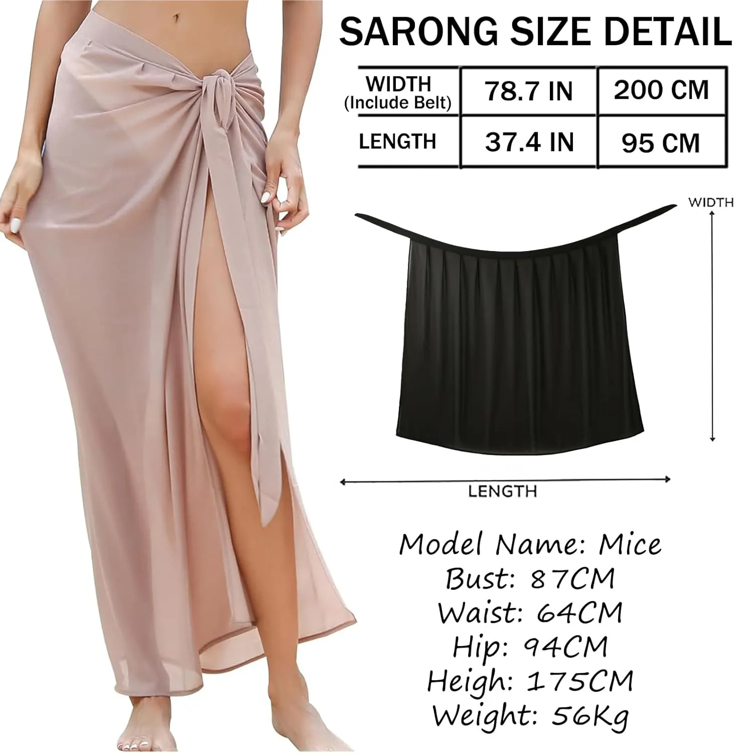 Women Sarong Swimsuit Coverup Chiffon Beach Tie Wrap Skirt Long Bikini Sheer Scarf Bathing Suit