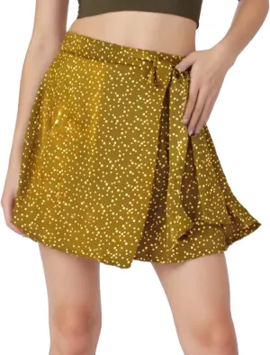 Women Satin Wrap Around Mini Skirt High Waisted Adjustable Self Tie Silk A Line Short Skirts Plus Size Skirts for