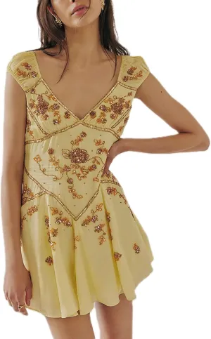 Women Sexy Sparkly Sequin Mini Dress Cap Sleeve V Neck Floral Embroidered Open Back Short Dress Summer Going Out