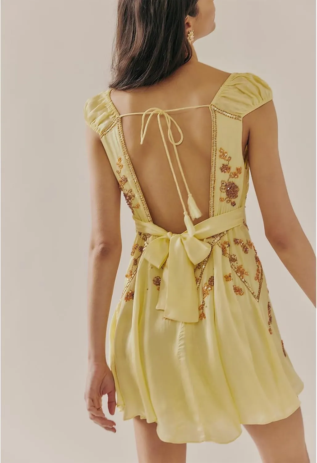 Women Sexy Sparkly Sequin Mini Dress Cap Sleeve V Neck Floral Embroidered Open Back Short Dress Summer Going Out