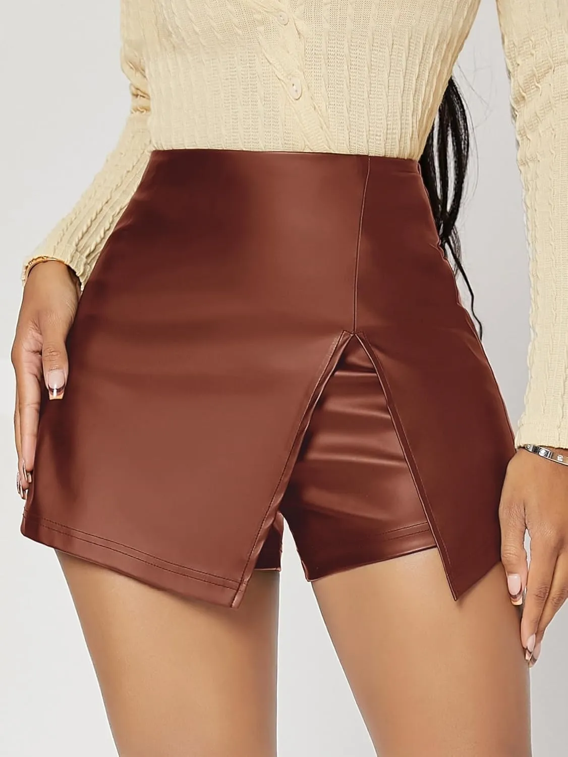 Women Summer Casual 2025 Fashion Trendy Skorts PU Leather Skort