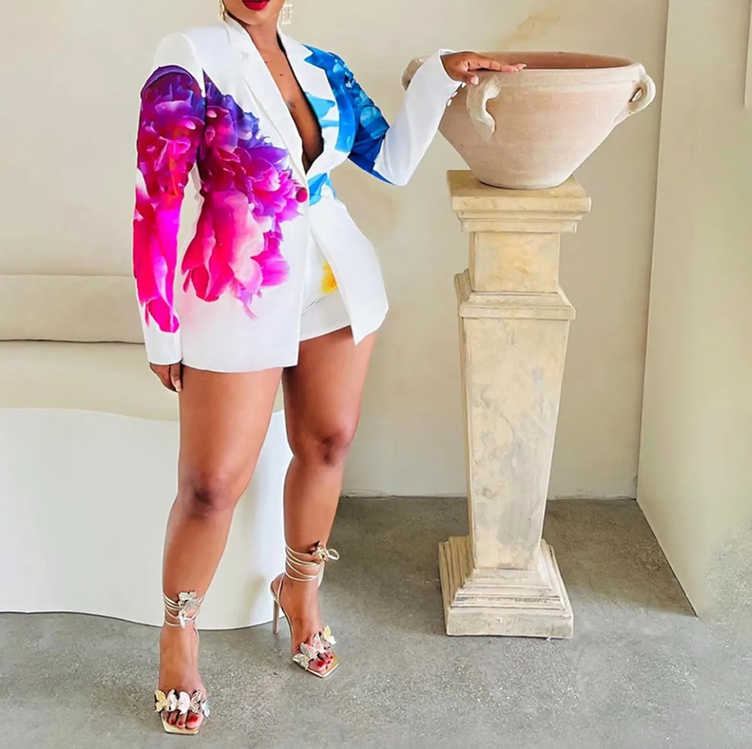 Women's 2 Piece Floral Printed Outfits Soft Lightweight Open Front Long Sleeve Blazer and Short Pants Suit Sets