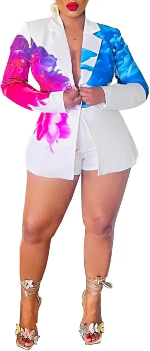 Women's 2 Piece Floral Printed Outfits Soft Lightweight Open Front Long Sleeve Blazer and Short Pants Suit Sets