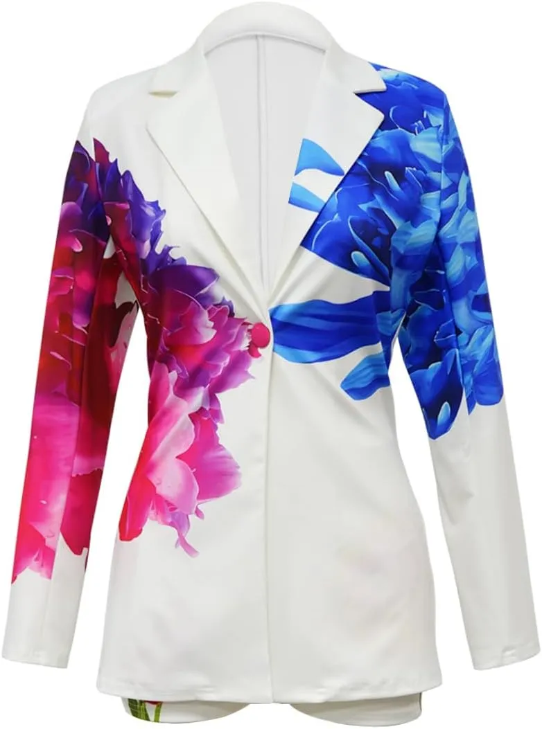 Women's 2 Piece Floral Printed Outfits Soft Lightweight Open Front Long Sleeve Blazer and Short Pants Suit Sets