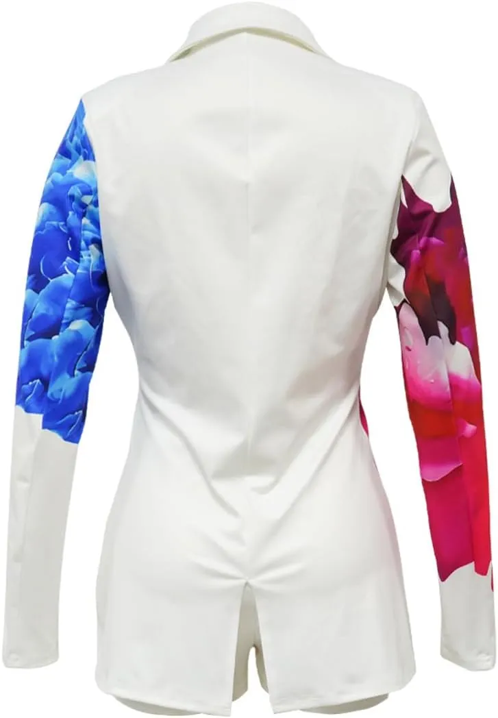 Women's 2 Piece Floral Printed Outfits Soft Lightweight Open Front Long Sleeve Blazer and Short Pants Suit Sets