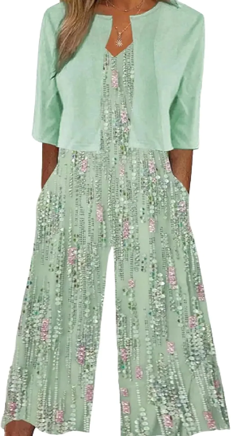 Women's 2025 Summer Jumpsuit Fresh Green Color Jumpsuit match Jacket Sleeveless V Neck Wide Leg Jumpsuit with Pockets