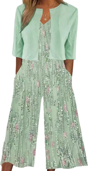 Women's 2025 Summer Jumpsuit Fresh Green Color Jumpsuit match Jacket Sleeveless V Neck Wide Leg Jumpsuit with Pockets