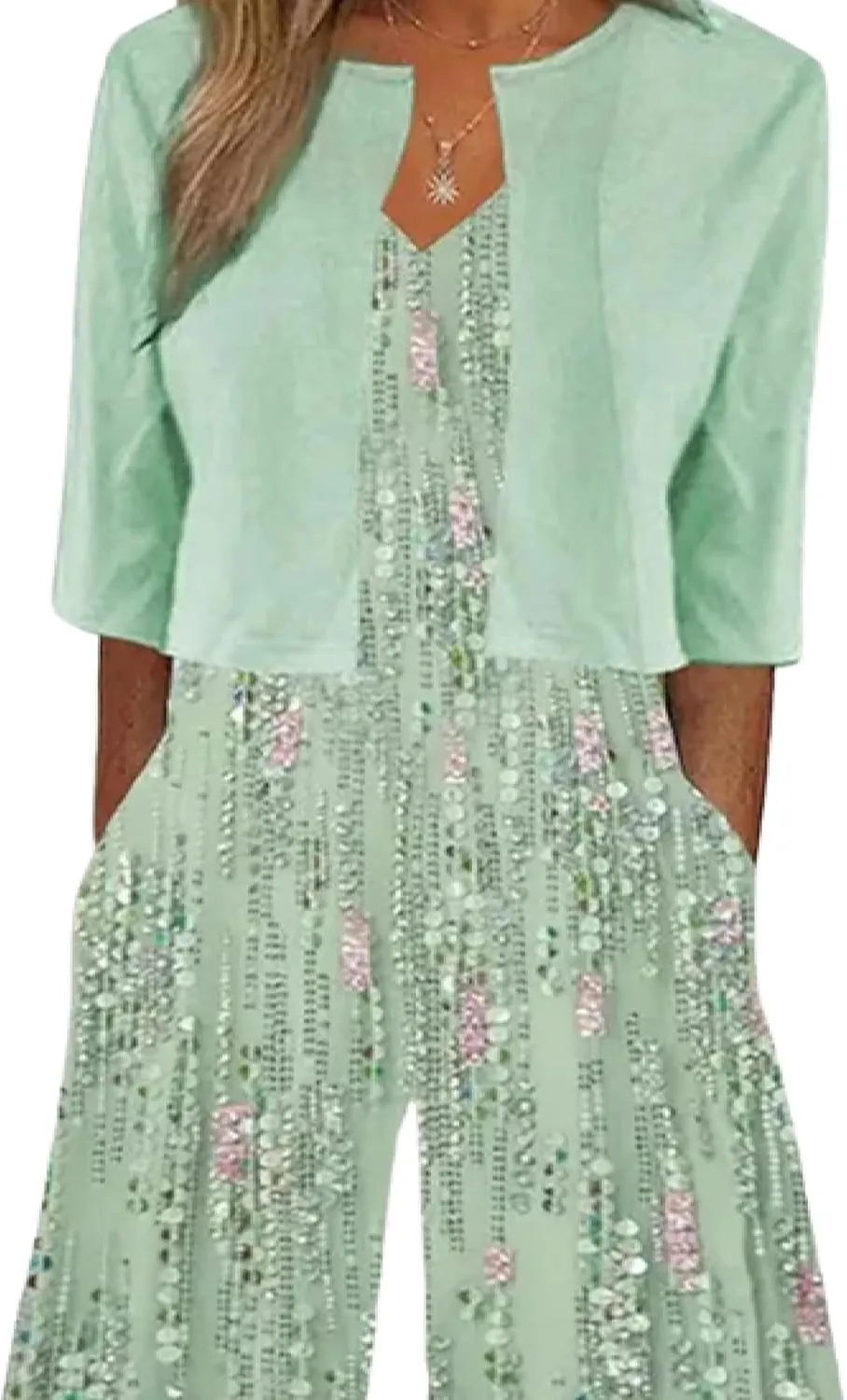 Women's 2025 Summer Jumpsuit Fresh Green Color Jumpsuit match Jacket Sleeveless V Neck Wide Leg Jumpsuit with Pockets