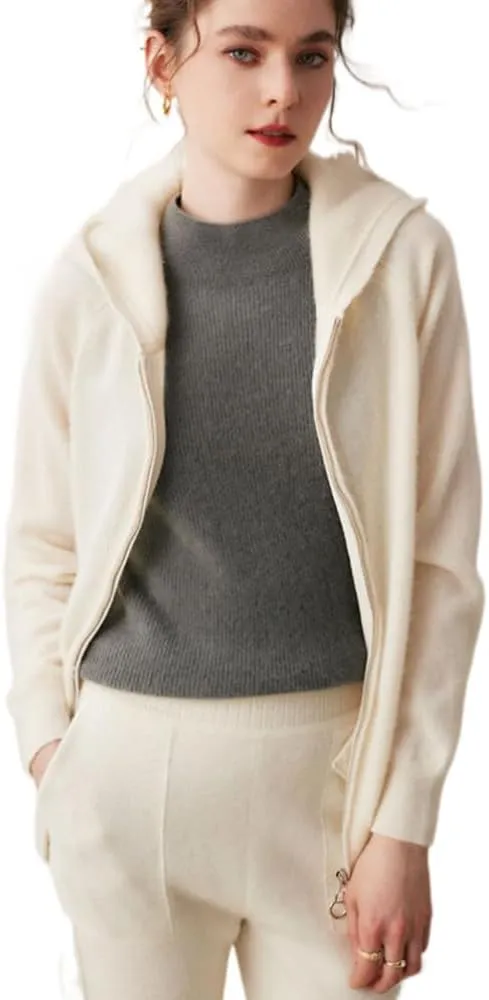 Women's Cashmere Lightweight Long Sleeves Zip-Up Hoodie Sweater