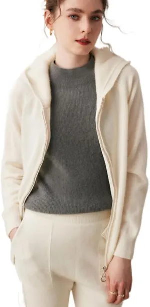 Women's Cashmere Lightweight Long Sleeves Zip-Up Hoodie Sweater