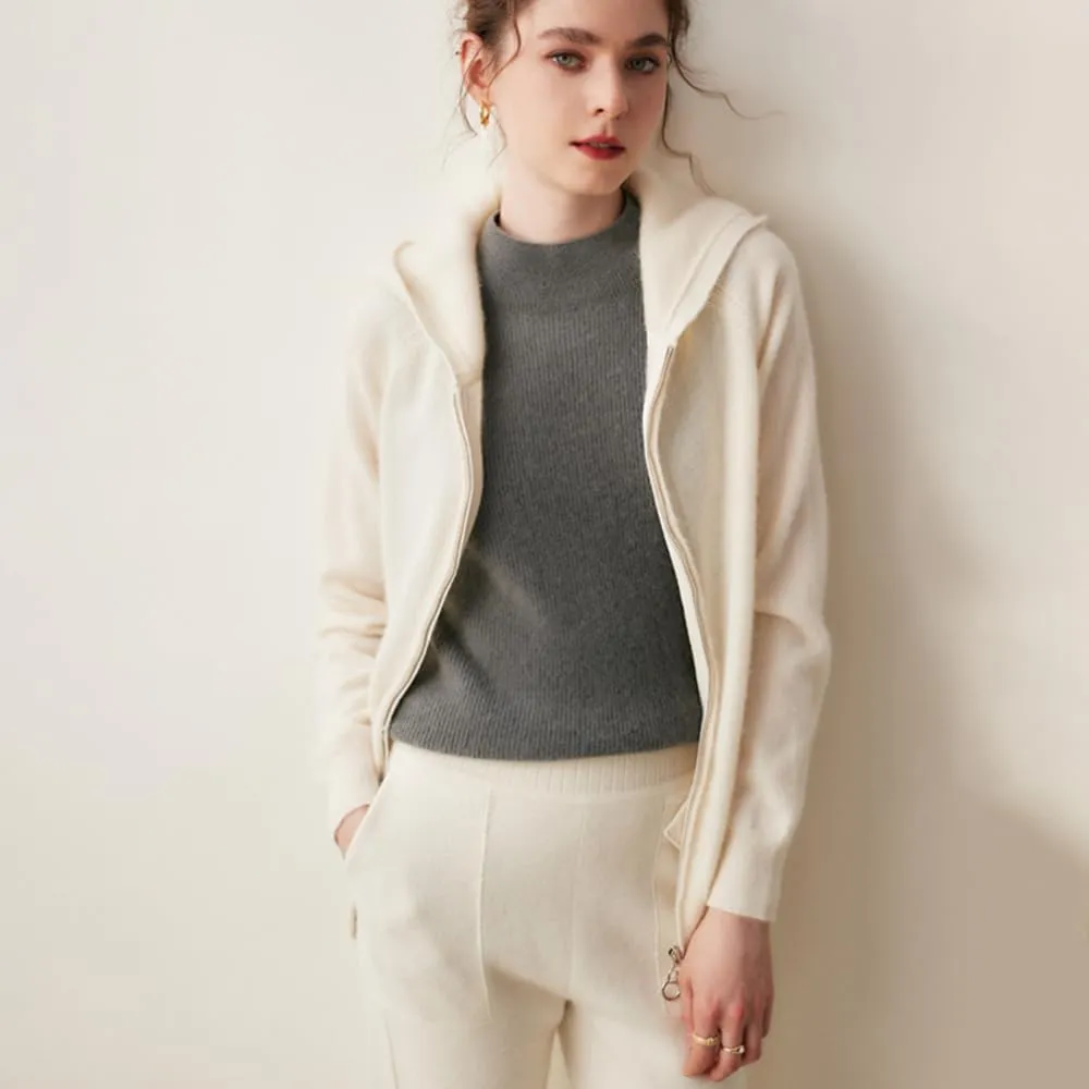 Women's Cashmere Lightweight Long Sleeves Zip-Up Hoodie Sweater