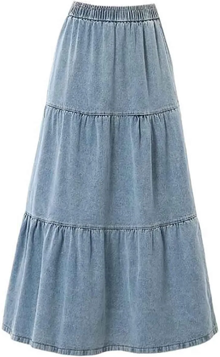Women's casual denim long skirt with elastic waist A-line skirt, fashionable loose fitting long skirt