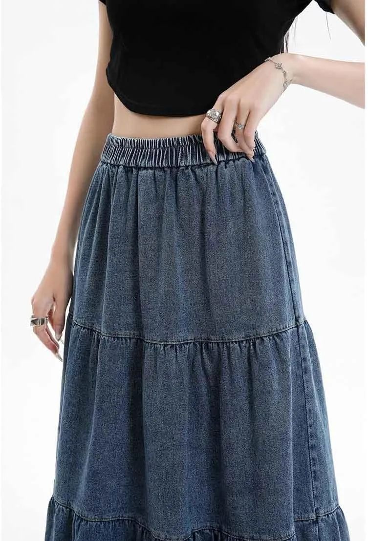 Women's casual denim long skirt with elastic waist A-line skirt, fashionable loose fitting long skirt