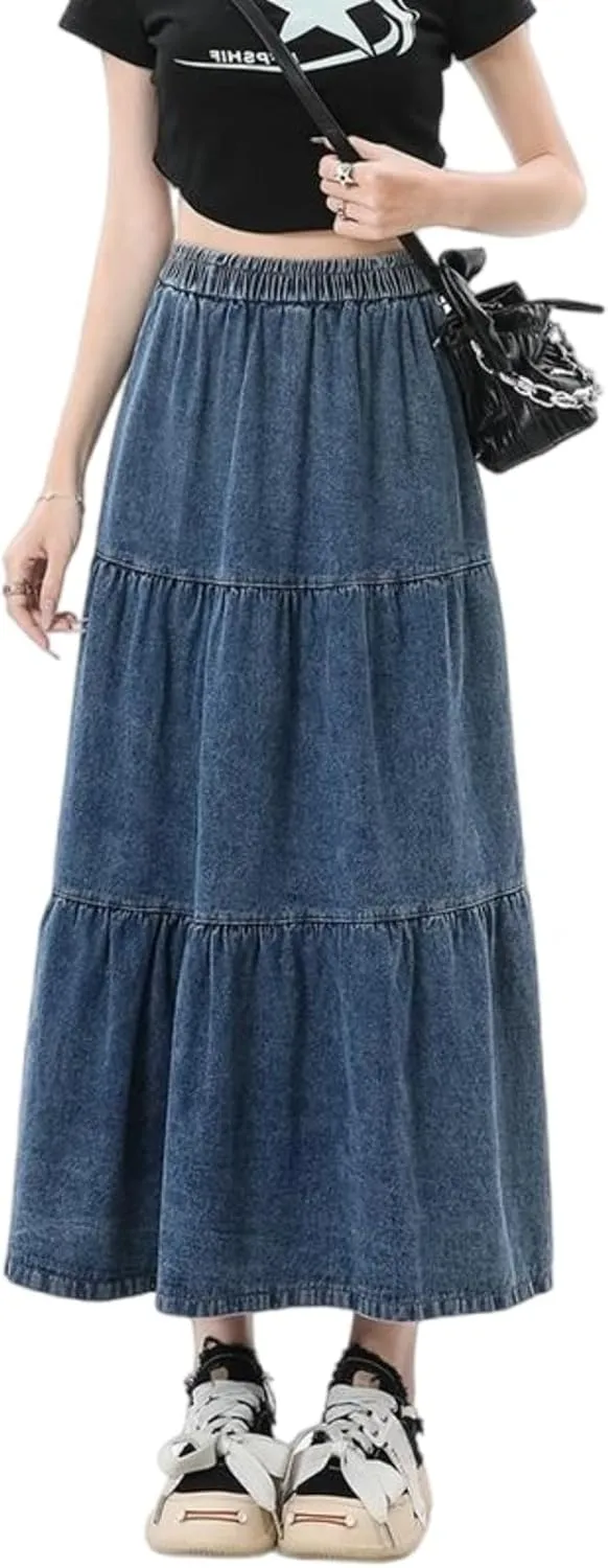 Women's casual denim long skirt with elastic waist A-line skirt, fashionable loose fitting long skirt