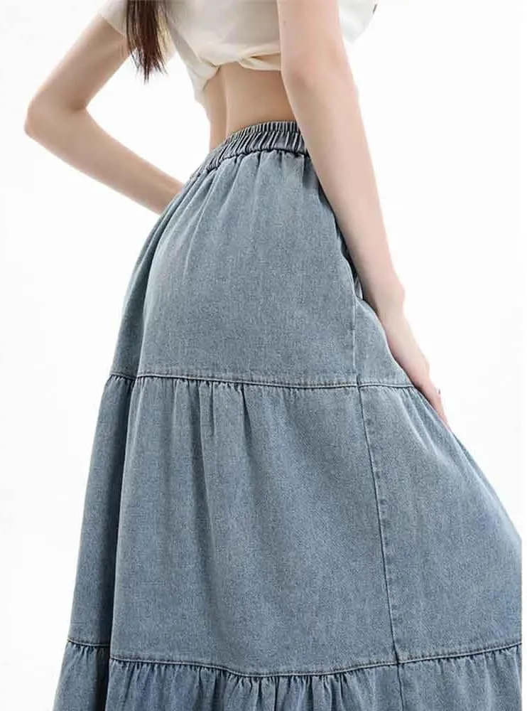 Women's casual denim long skirt with elastic waist A-line skirt, fashionable loose fitting long skirt