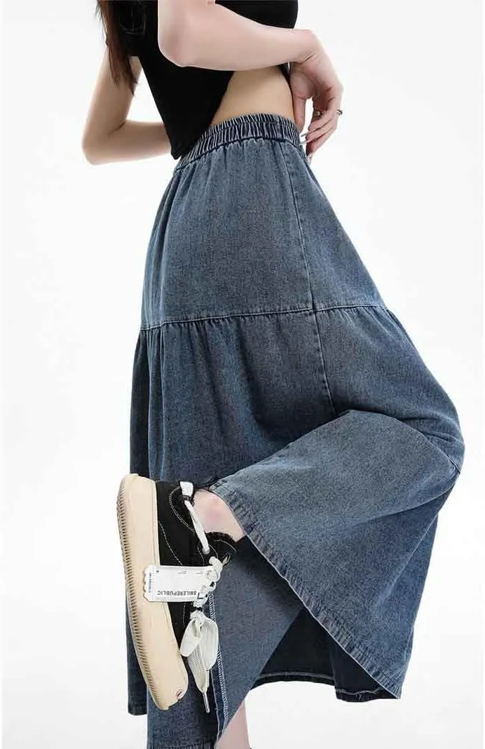 Women's casual denim long skirt with elastic waist A-line skirt, fashionable loose fitting long skirt