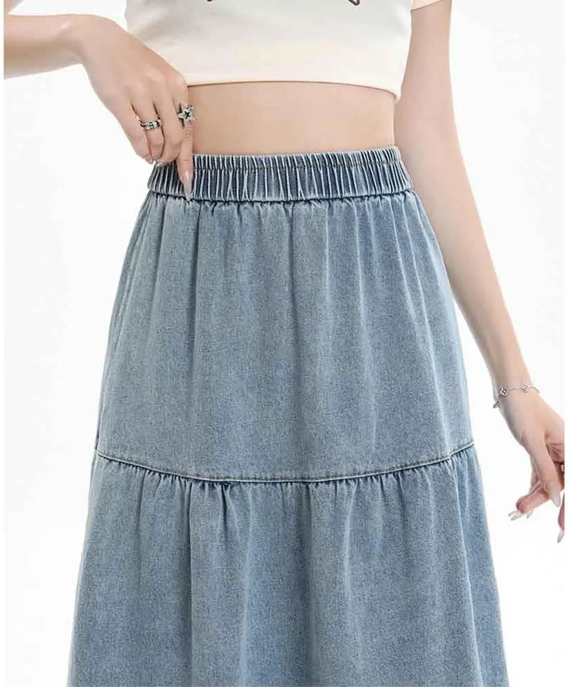 Women's casual denim long skirt with elastic waist A-line skirt, fashionable loose fitting long skirt
