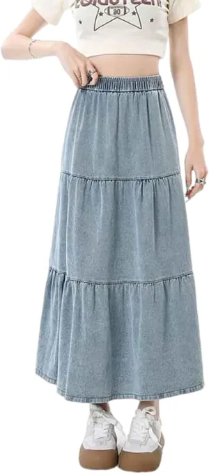 Women's casual denim long skirt with elastic waist A-line skirt, fashionable loose fitting long skirt