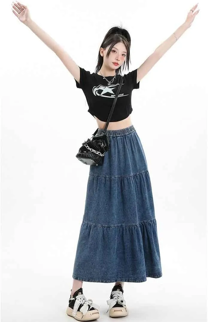 Women's casual denim long skirt with elastic waist A-line skirt, fashionable loose fitting long skirt