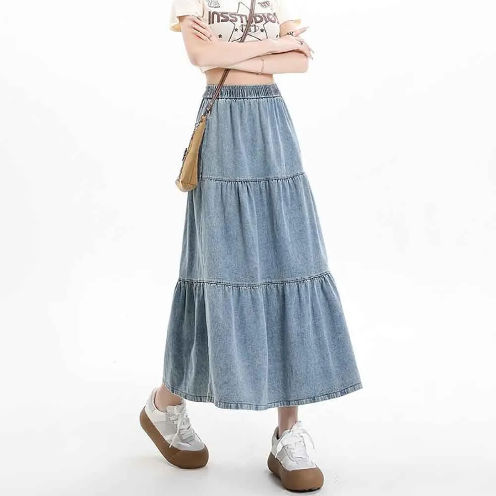 Women's casual denim long skirt with elastic waist A-line skirt, fashionable loose fitting long skirt