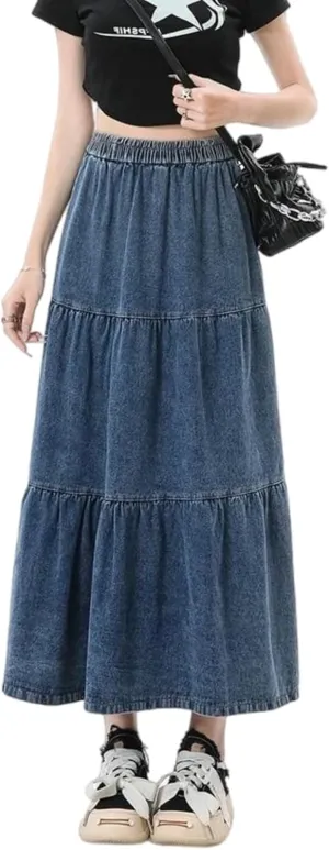 Women's casual denim long skirt with elastic waist A-line skirt, fashionable loose fitting long skirt