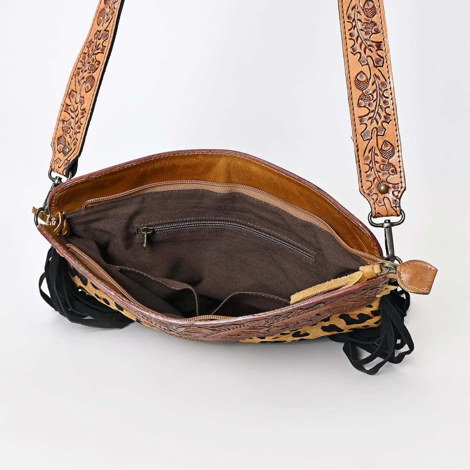 Womens Cowhide Hairon Leather Crossbody Shoulder Bag with Strap Messenger Style Western Fringe Leather Sling Bag