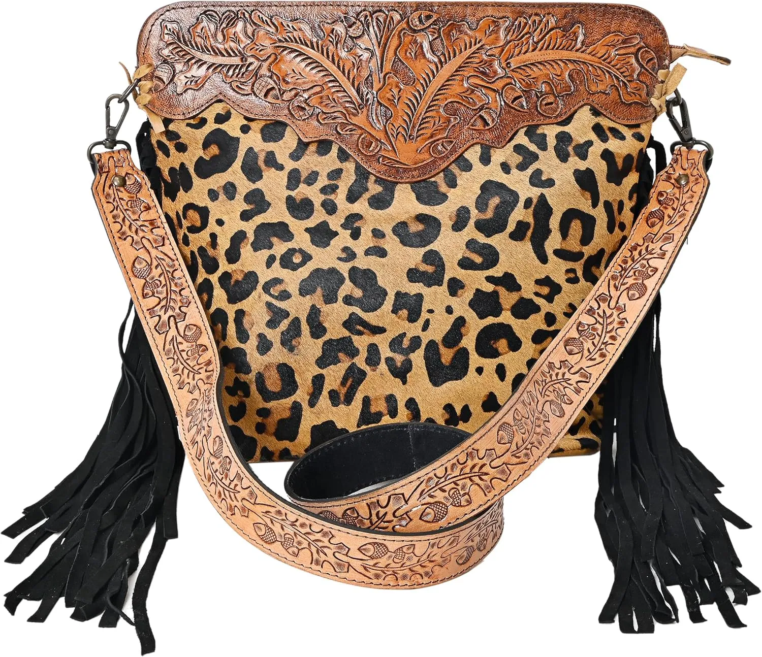 Womens Cowhide Hairon Leather Crossbody Shoulder Bag with Strap Messenger Style Western Fringe Leather Sling Bag
