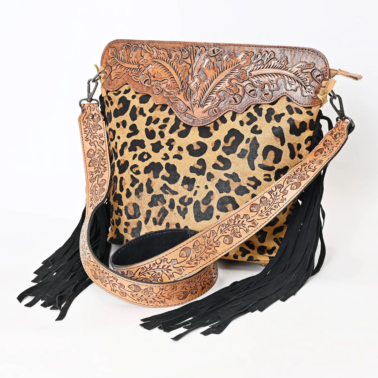 Womens Cowhide Hairon Leather Crossbody Shoulder Bag with Strap Messenger Style Western Fringe Leather Sling Bag