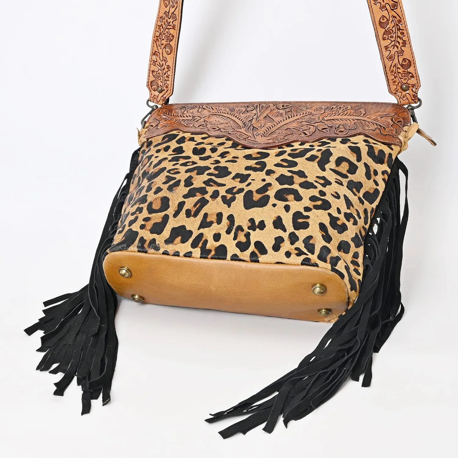 Womens Cowhide Hairon Leather Crossbody Shoulder Bag with Strap Messenger Style Western Fringe Leather Sling Bag