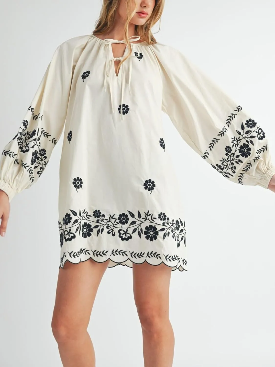 Womens Embroidered Long Sleeve Mini Dress Loose Fit Vintage Embroidery Dress with Double Neckline Self Tie