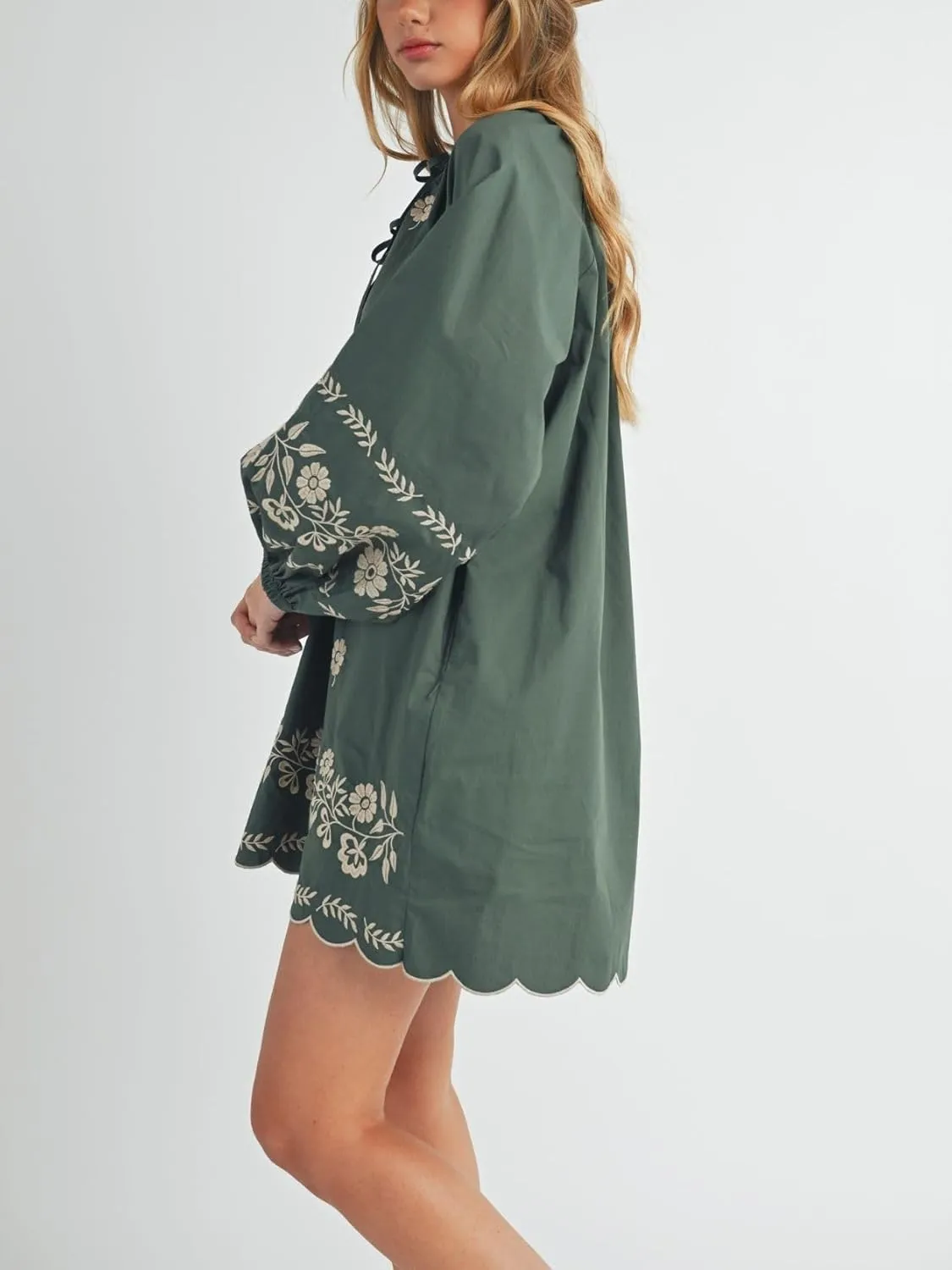 Womens Embroidered Long Sleeve Mini Dress Loose Fit Vintage Embroidery Dress with Double Neckline Self Tie