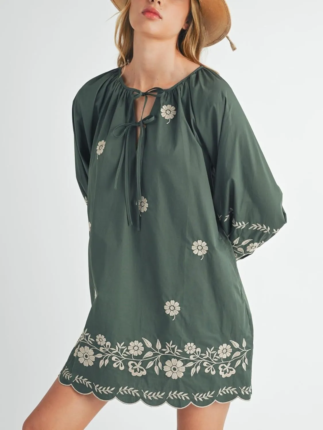 Womens Embroidered Long Sleeve Mini Dress Loose Fit Vintage Embroidery Dress with Double Neckline Self Tie