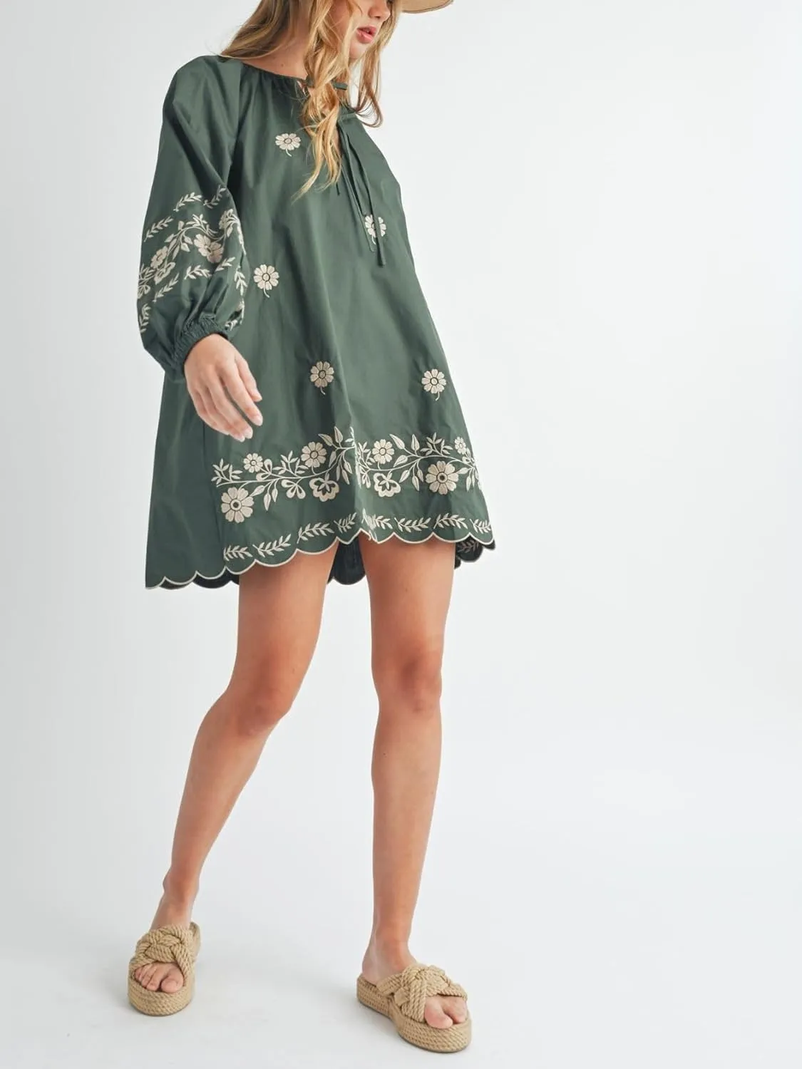 Womens Embroidered Long Sleeve Mini Dress Loose Fit Vintage Embroidery Dress with Double Neckline Self Tie