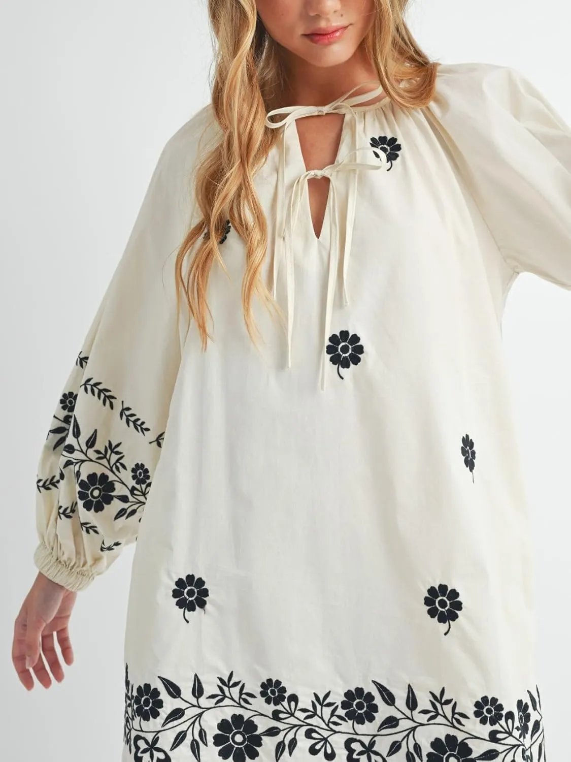 Womens Embroidered Long Sleeve Mini Dress Loose Fit Vintage Embroidery Dress with Double Neckline Self Tie