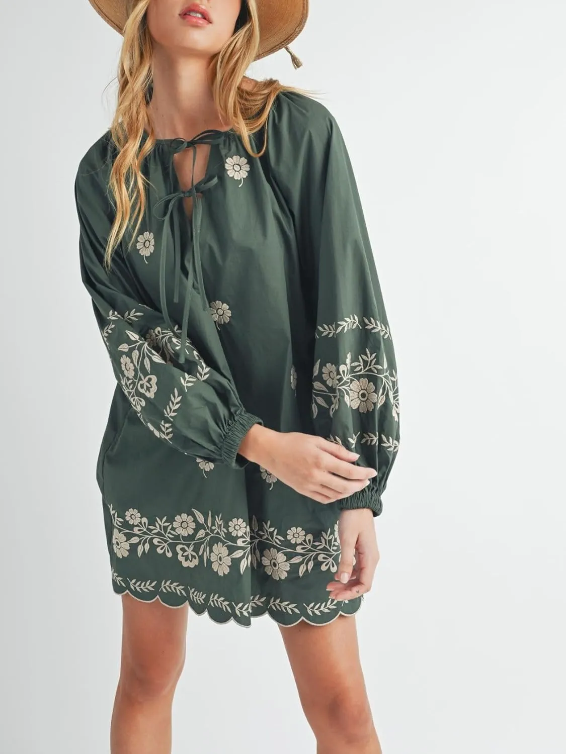 Womens Embroidered Long Sleeve Mini Dress Loose Fit Vintage Embroidery Dress with Double Neckline Self Tie