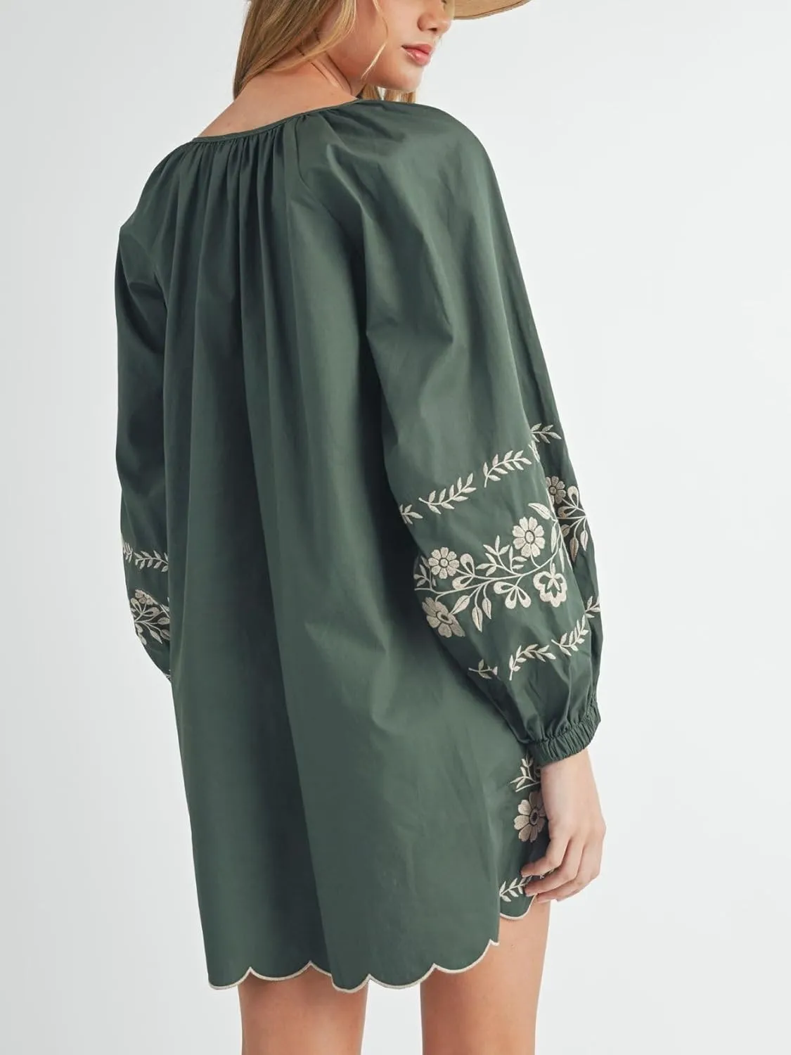 Womens Embroidered Long Sleeve Mini Dress Loose Fit Vintage Embroidery Dress with Double Neckline Self Tie