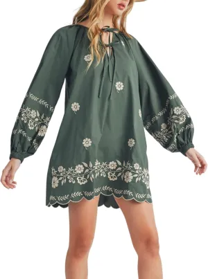 Womens Embroidered Long Sleeve Mini Dress Loose Fit Vintage Embroidery Dress with Double Neckline Self Tie