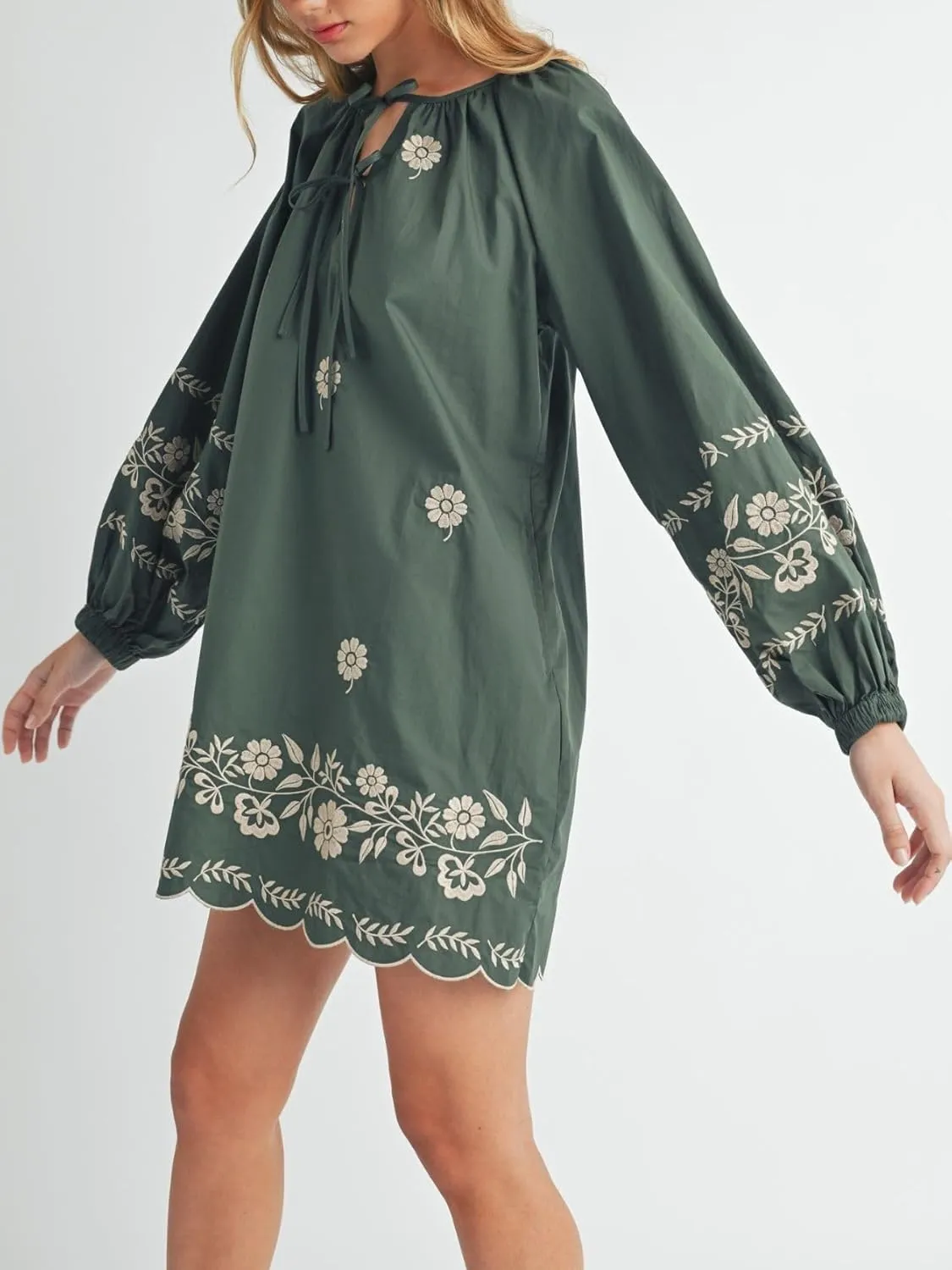 Womens Embroidered Long Sleeve Mini Dress Loose Fit Vintage Embroidery Dress with Double Neckline Self Tie