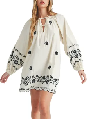 Womens Embroidered Long Sleeve Mini Dress Loose Fit Vintage Embroidery Dress with Double Neckline Self Tie