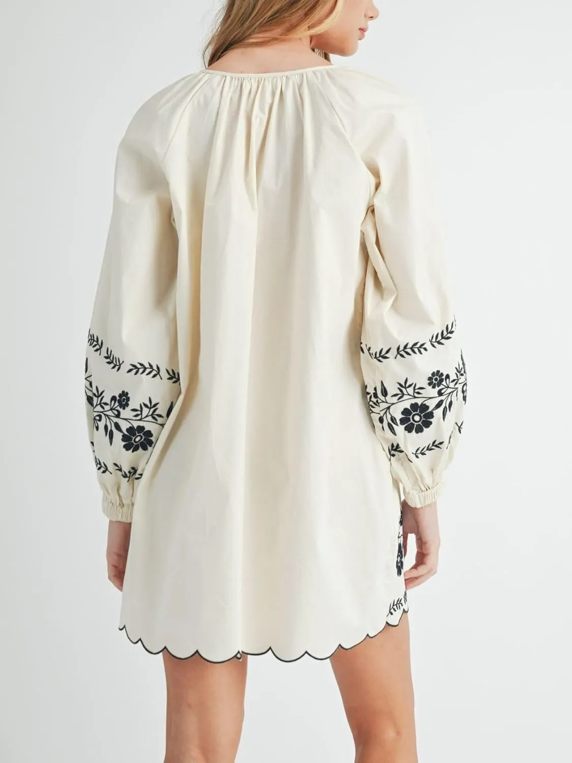 Womens Embroidered Long Sleeve Mini Dress Loose Fit Vintage Embroidery Dress with Double Neckline Self Tie