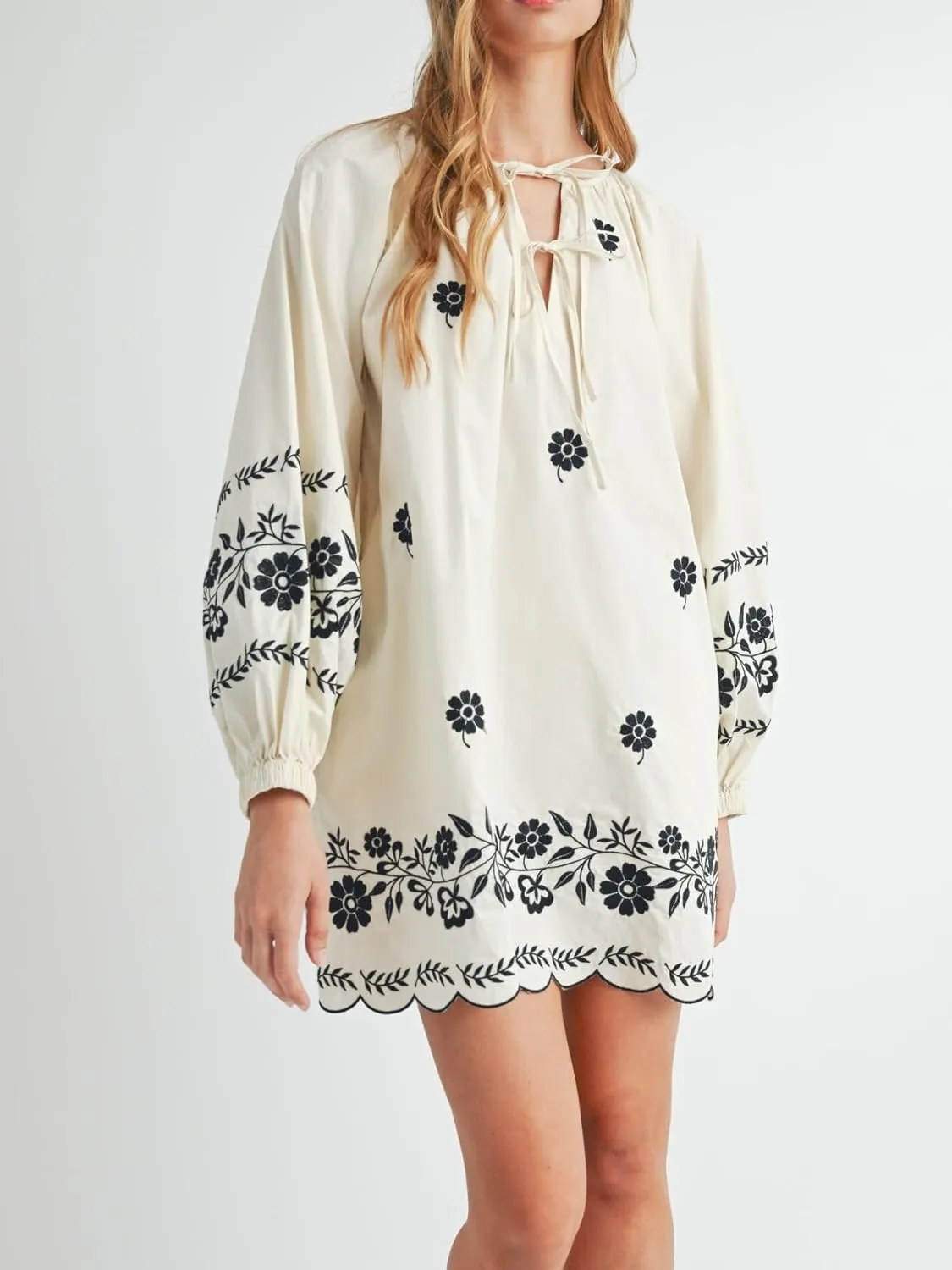 Womens Embroidered Long Sleeve Mini Dress Loose Fit Vintage Embroidery Dress with Double Neckline Self Tie