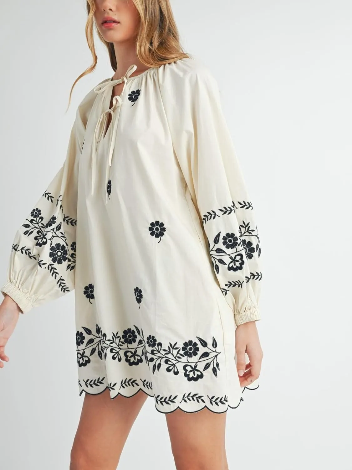 Womens Embroidered Long Sleeve Mini Dress Loose Fit Vintage Embroidery Dress with Double Neckline Self Tie